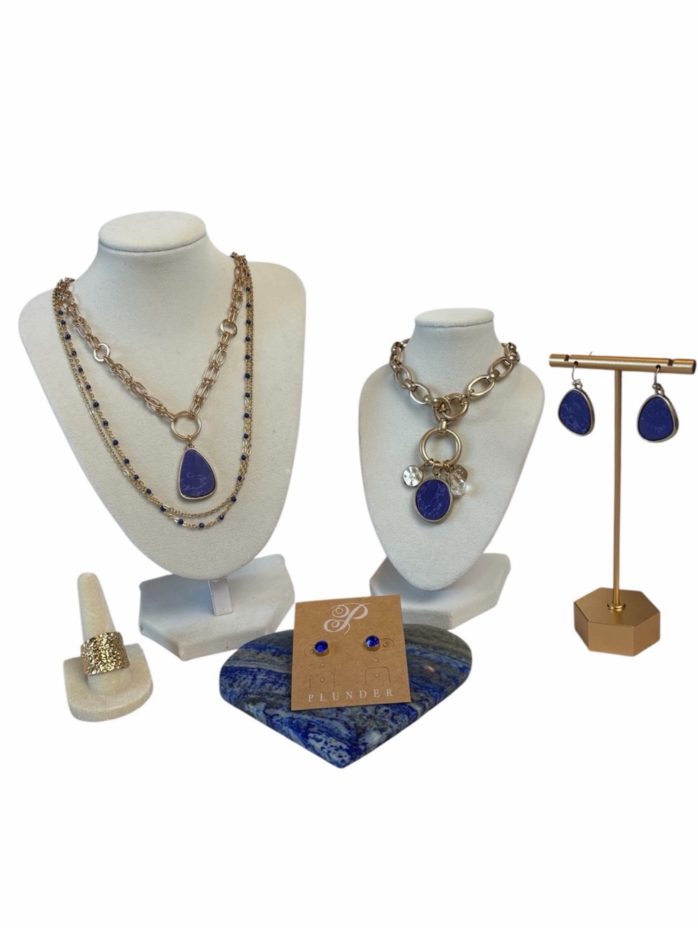 Goldtone Double Chain Necklace with a Blue Glass Pendant by Plunder Design - Picture 10 of 11